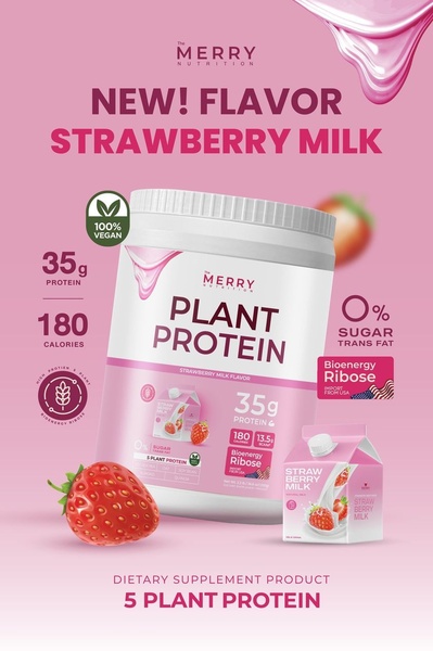 A high-clarity product spotlight ad featuring a new strawberry flavor, focusing on key nutritional stats like protein count, sugar-free status, and added bioenergy ribose.